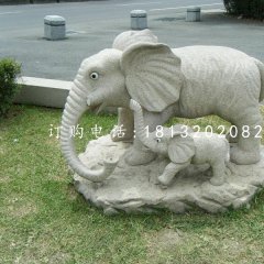 公園動物石雕母子大象雕塑